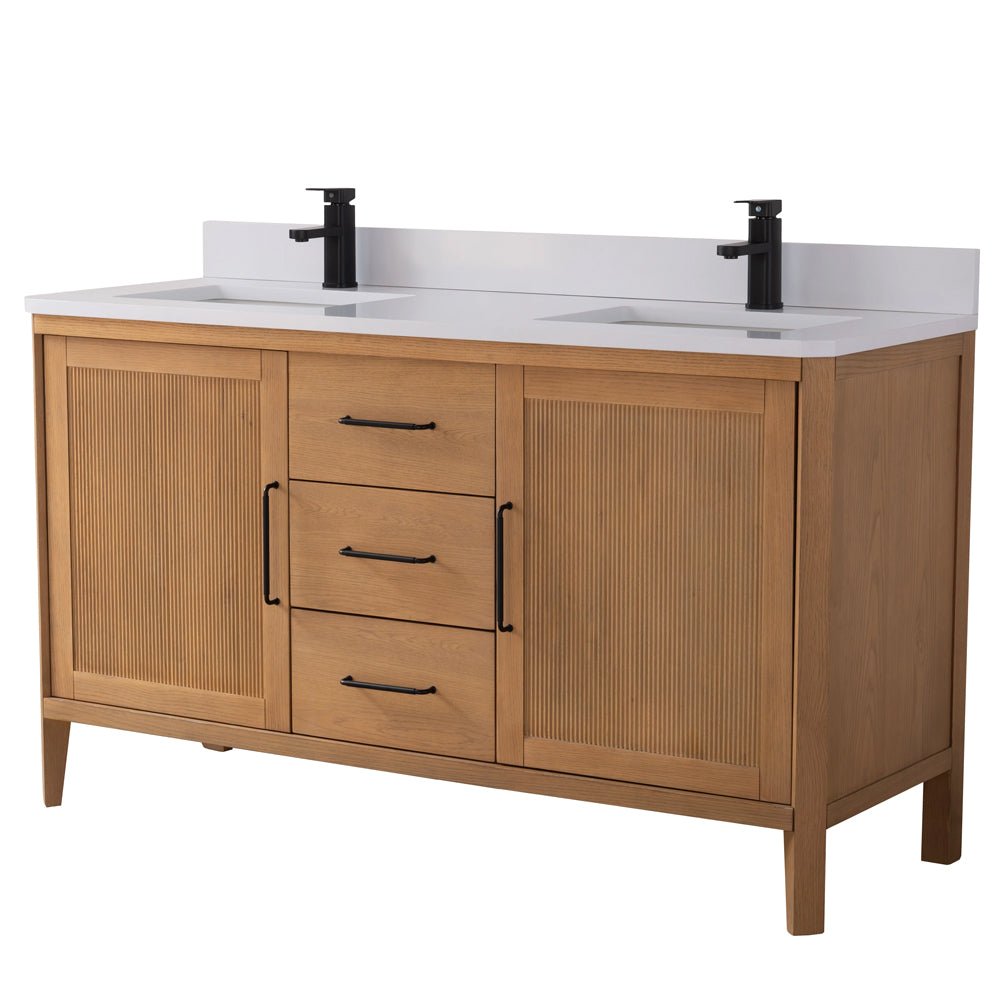 60 Inch Barque Double Sink Warm Oak Brown Finish Bathroom Vanity With White Top