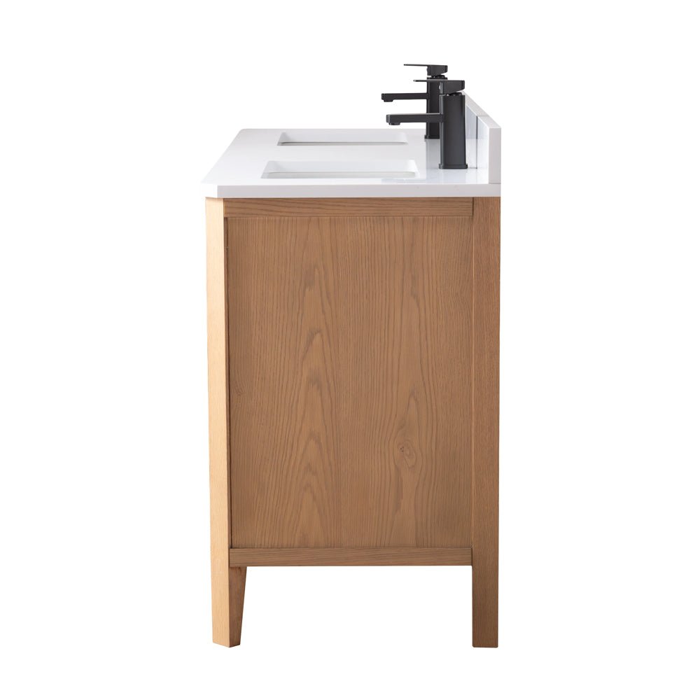 60 Inch Barque Double Sink Warm Oak Brown Finish Bathroom Vanity With White Top