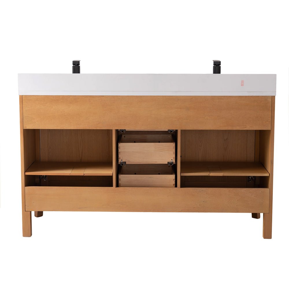 60 Inch Barque Double Sink Warm Oak Brown Finish Bathroom Vanity With White Top