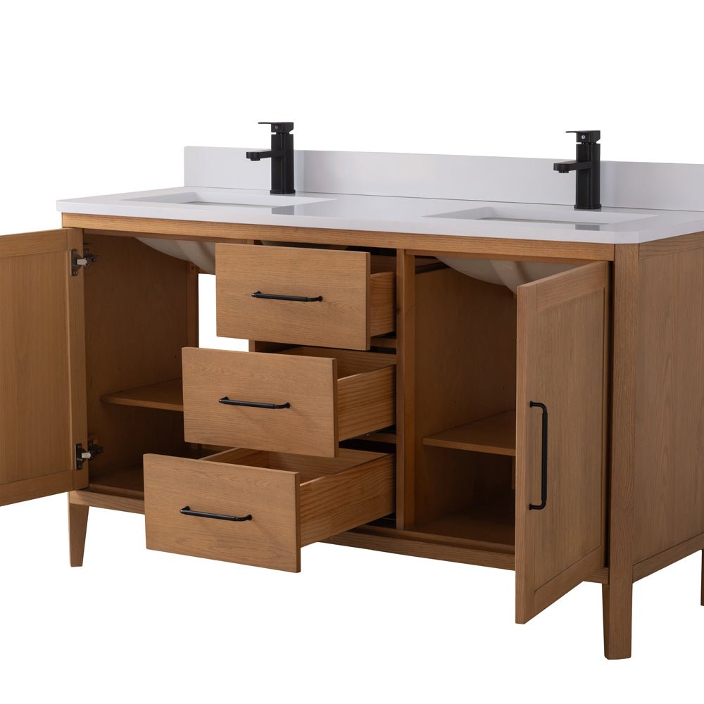 60 Inch Barque Double Sink Warm Oak Brown Finish Bathroom Vanity With White Top