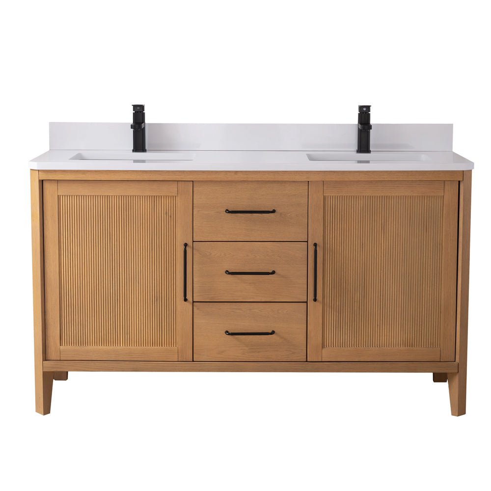 60 Inch Barque Double Sink Warm Oak Brown Finish Bathroom Vanity With White Top