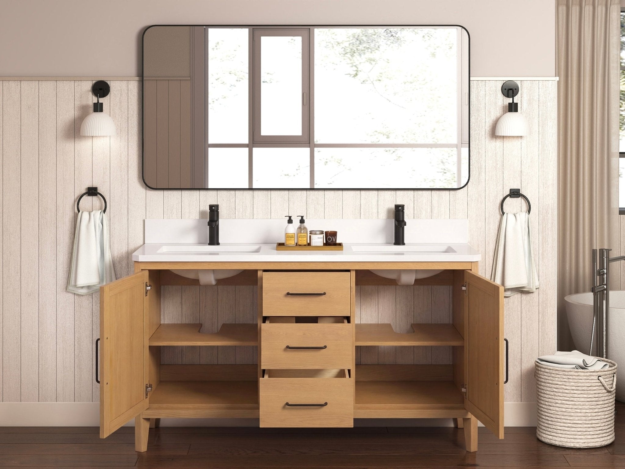 60 Inch Barque Double Sink Warm Oak Brown Finish Bathroom Vanity With White Top