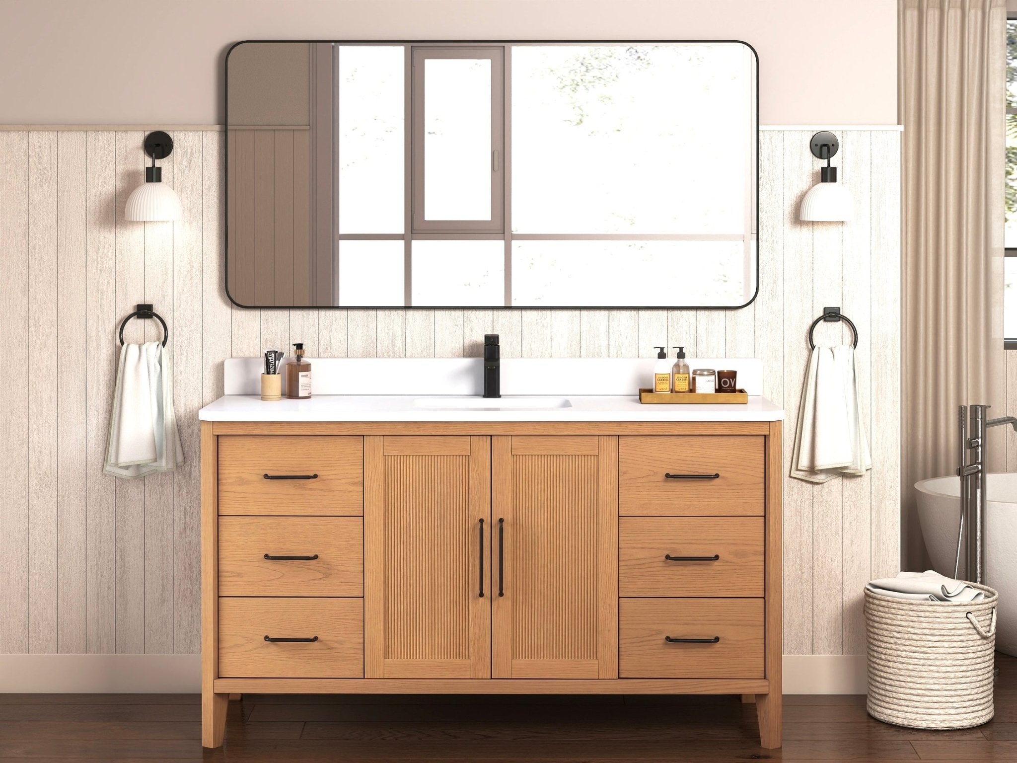 60 Inch Barque Single Sink Warm Oak Brown Finish Bathroom Vanity With White Top
