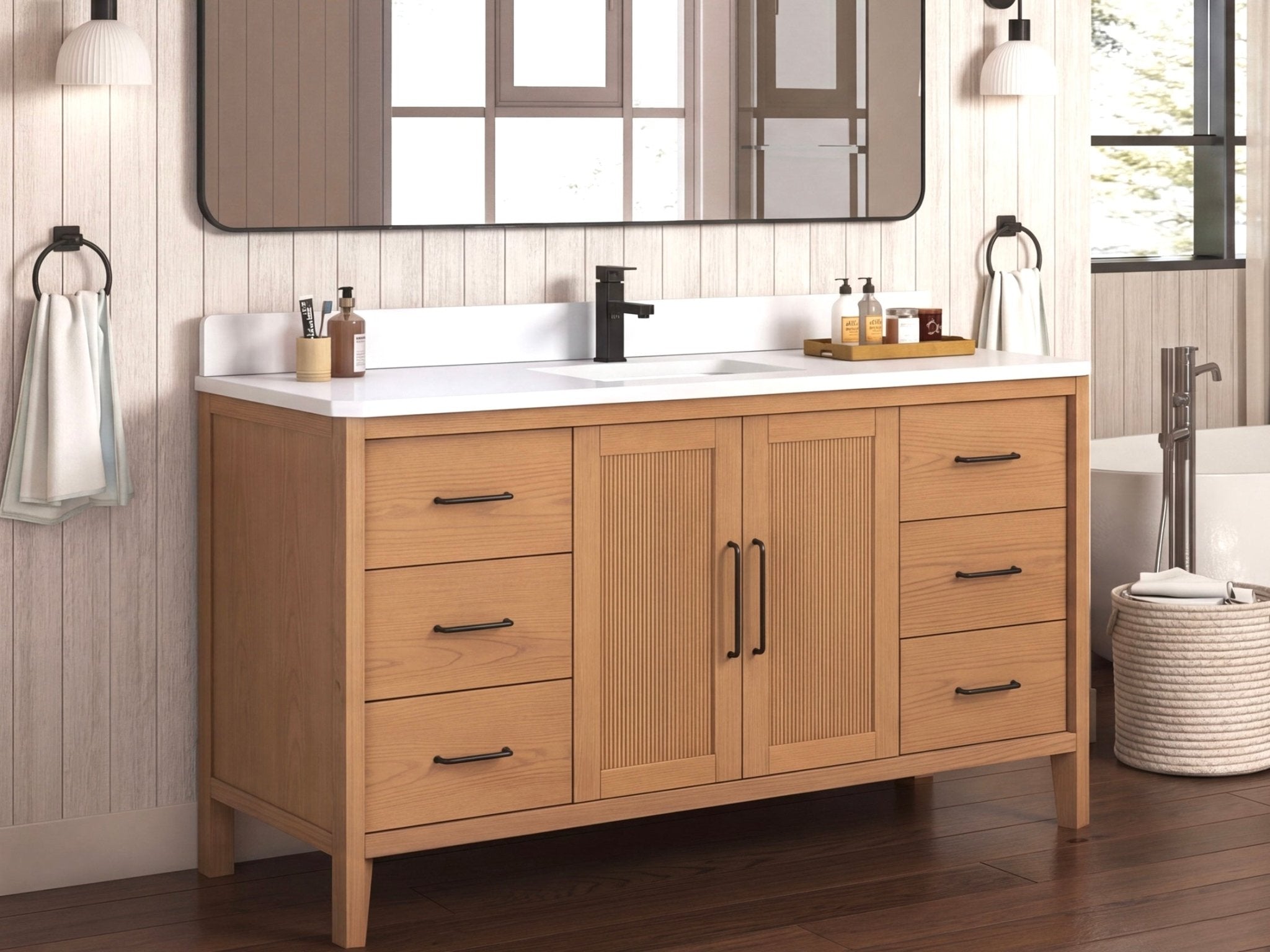 60 Inch Barque Single Sink Warm Oak Brown Finish Bathroom Vanity With White Top