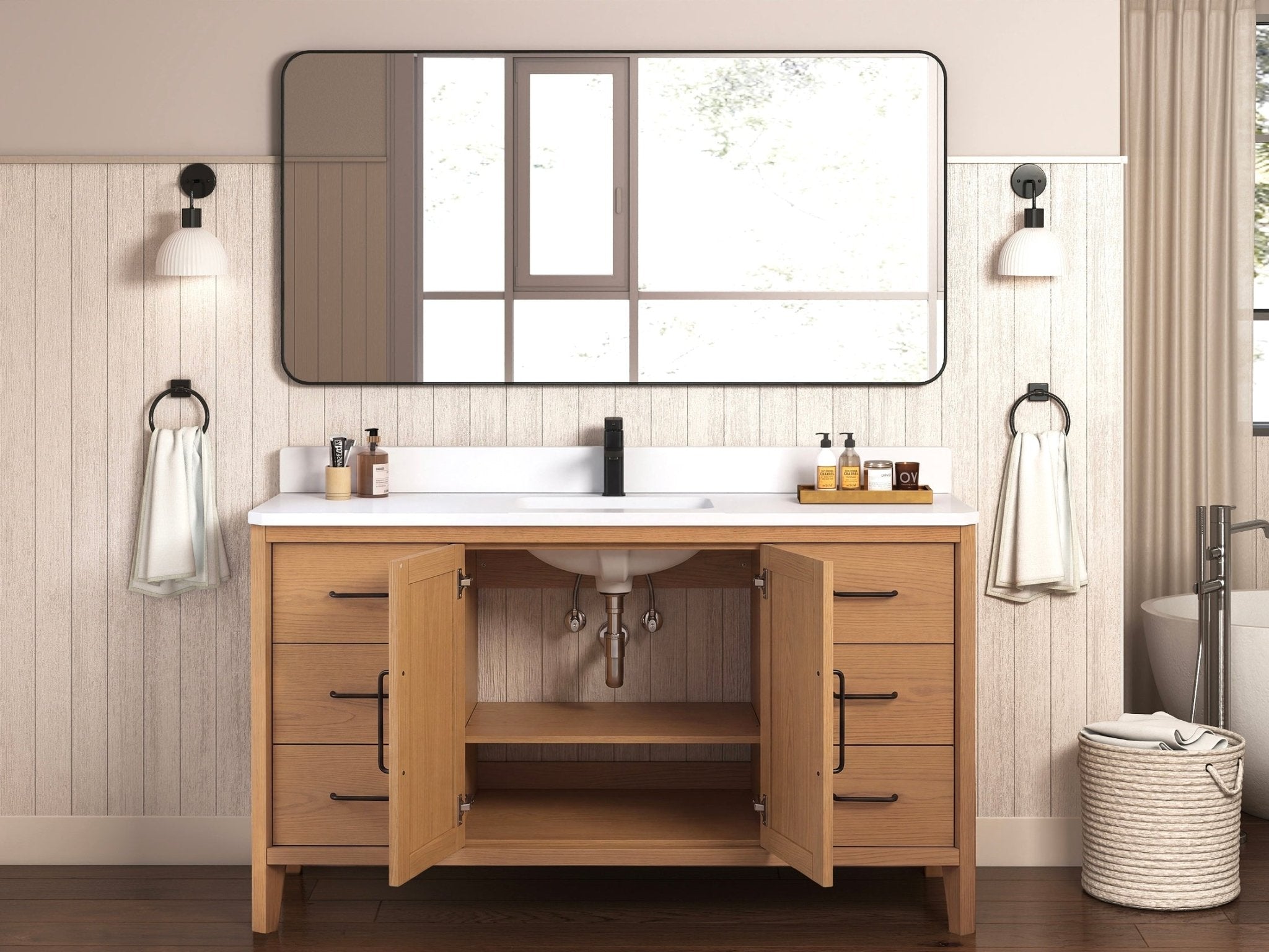 60 Inch Barque Single Sink Warm Oak Brown Finish Bathroom Vanity With White Top