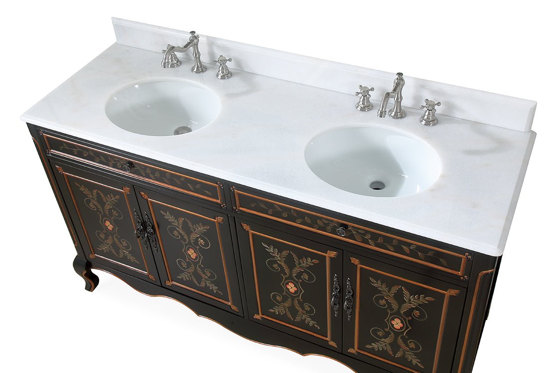 60 Inch Black Hand - Painted Floral Decoroso Double Sink Bathroom Vanity