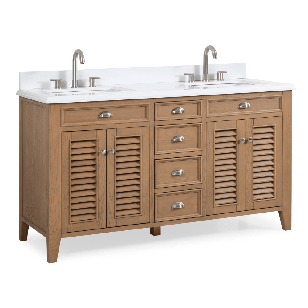 60 Inch Contemporary Style Double Sink Wood Style Kalani Bathroom Vanity With White Quartz Top - Bentoncollections