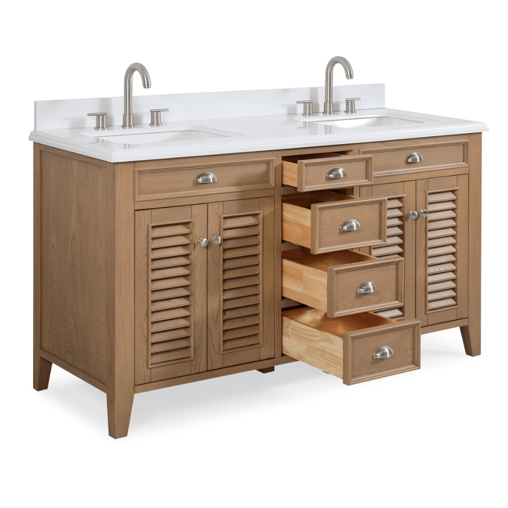 60 Inch Contemporary Style Double Sink Wood Style Kalani Bathroom Vanity With White Quartz Top - Bentoncollections