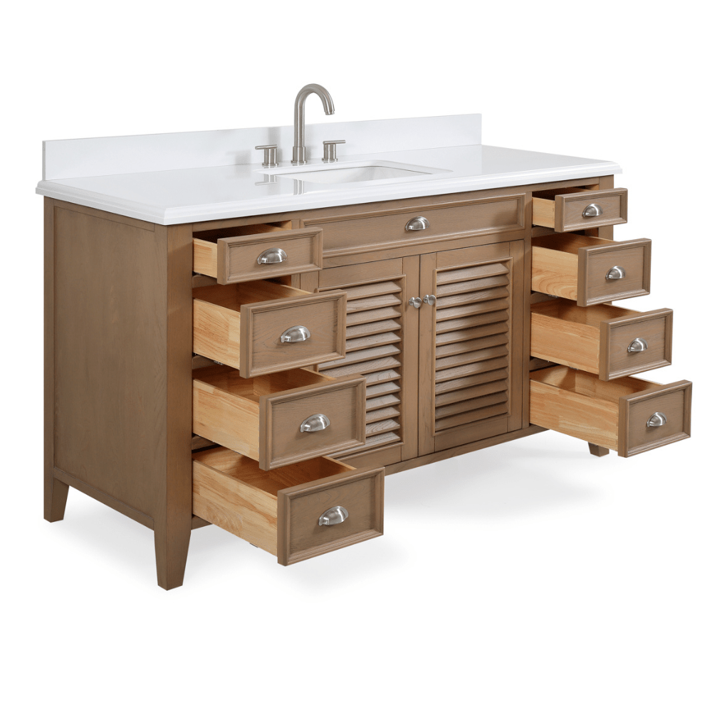 60 Inch Contemporary Style Single Sink Wood Finish Kalani Bathroom Vanity With White Quartz Top - Bentoncollections