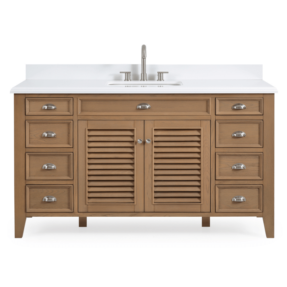 60 Inch Contemporary Style Single Sink Wood Finish Kalani Bathroom Vanity With White Quartz Top - Bentoncollections
