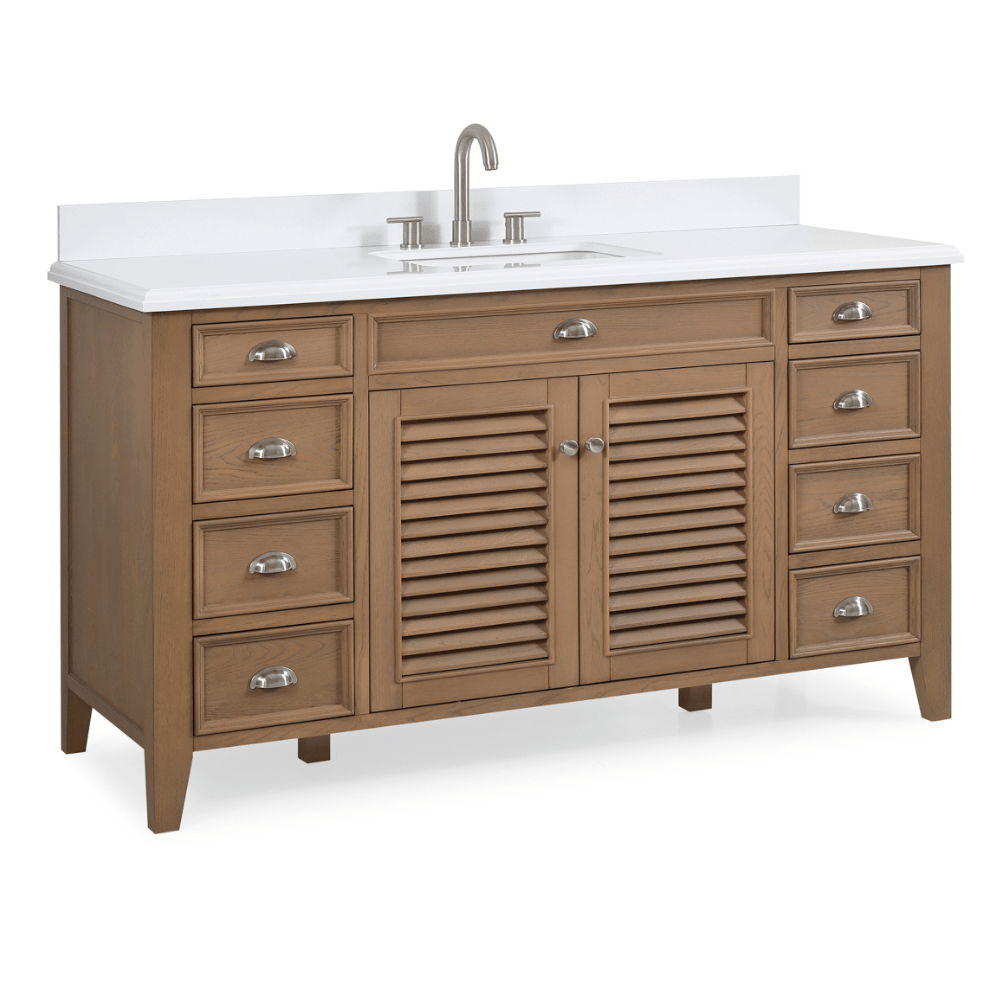 60 Inch Contemporary Style Single Sink Wood Finish Kalani Bathroom Vanity With White Quartz Top - Bentoncollections