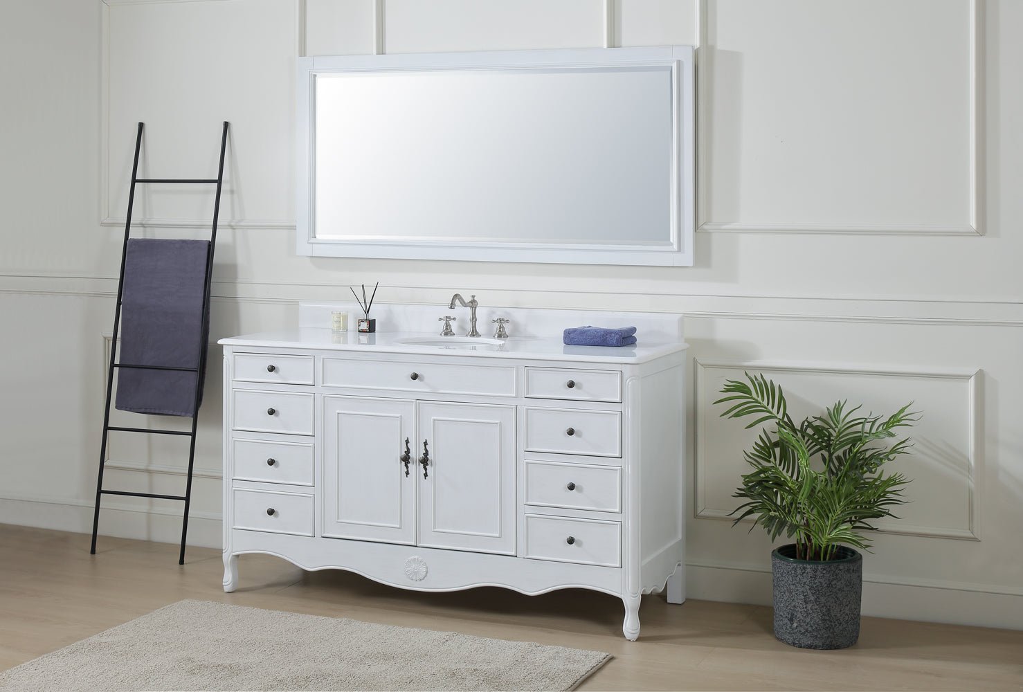 60 Inch Distressed Antique White Single Sink Cottage Style Daleville Bathroom Vanity