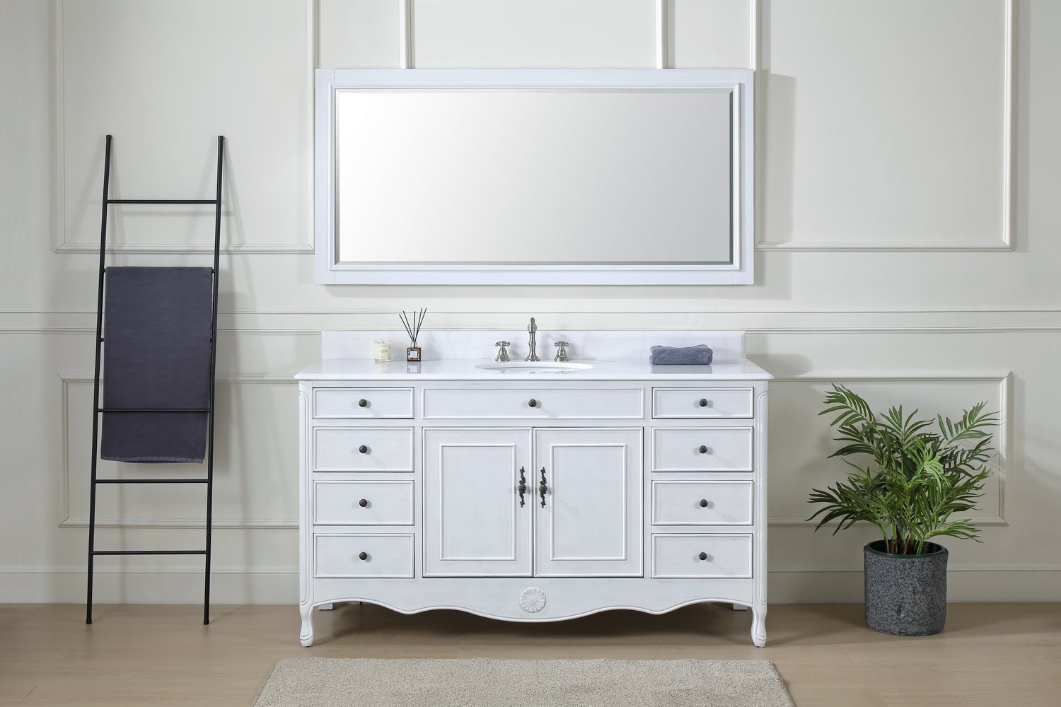 60 Inch Distressed Antique White Single Sink Cottage Style Daleville Bathroom Vanity