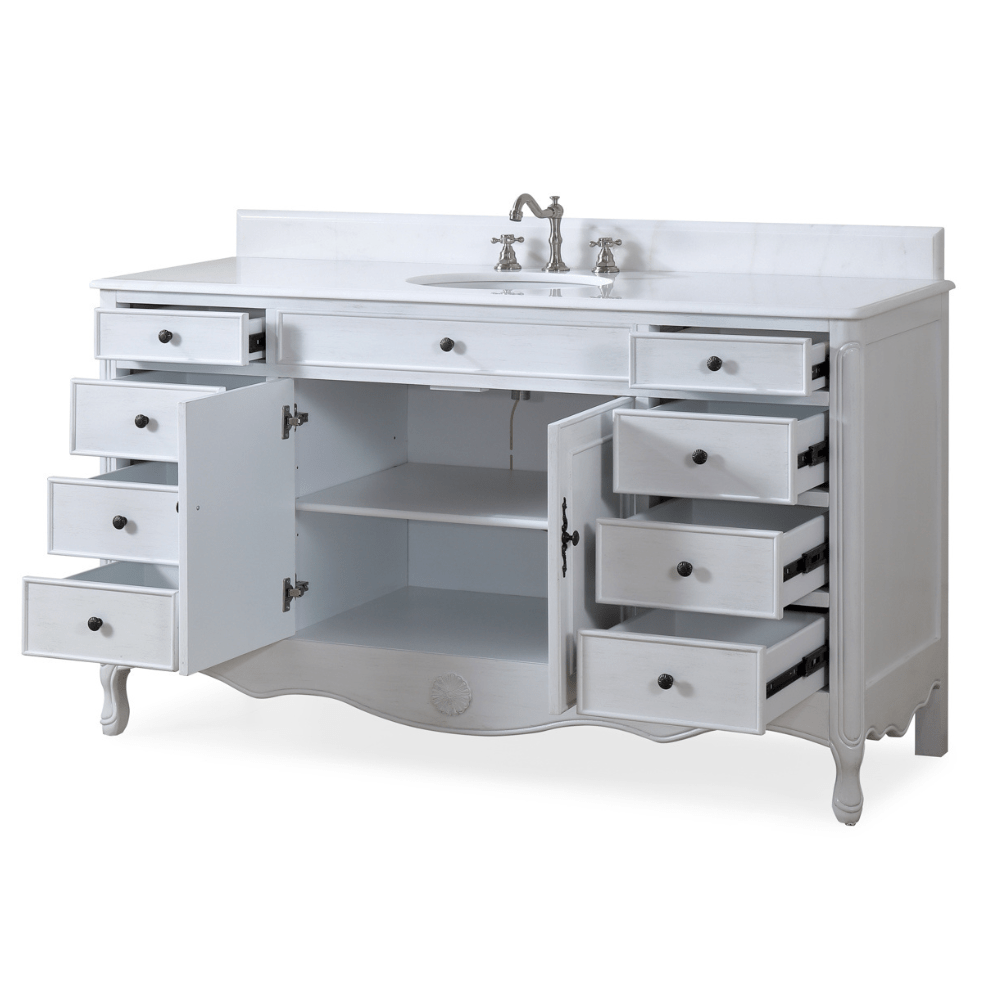 60 Inch Distressed Antique White Single Sink Cottage Style Daleville Bathroom Vanity
