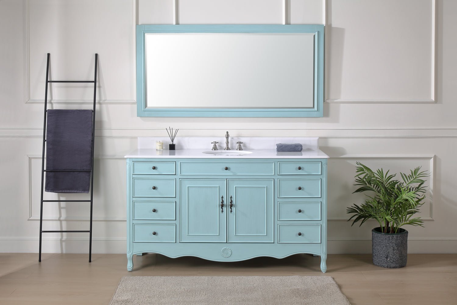 60 Inch Distressed Light Blue Single Sink Cottage Style Daleville Bathroom Vanity