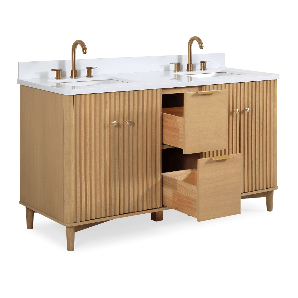 60 Inch Double Sink Wood Finish Odelia Bathroom Vanity With White Quartz Top - Bentoncollections