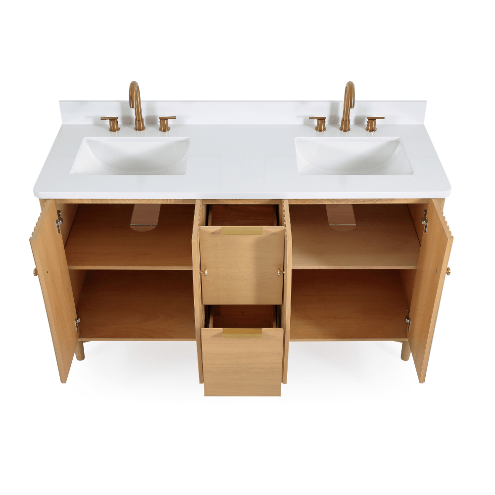 60 Inch Double Sink Wood Finish Odelia Bathroom Vanity With White Quartz Top - Bentoncollections