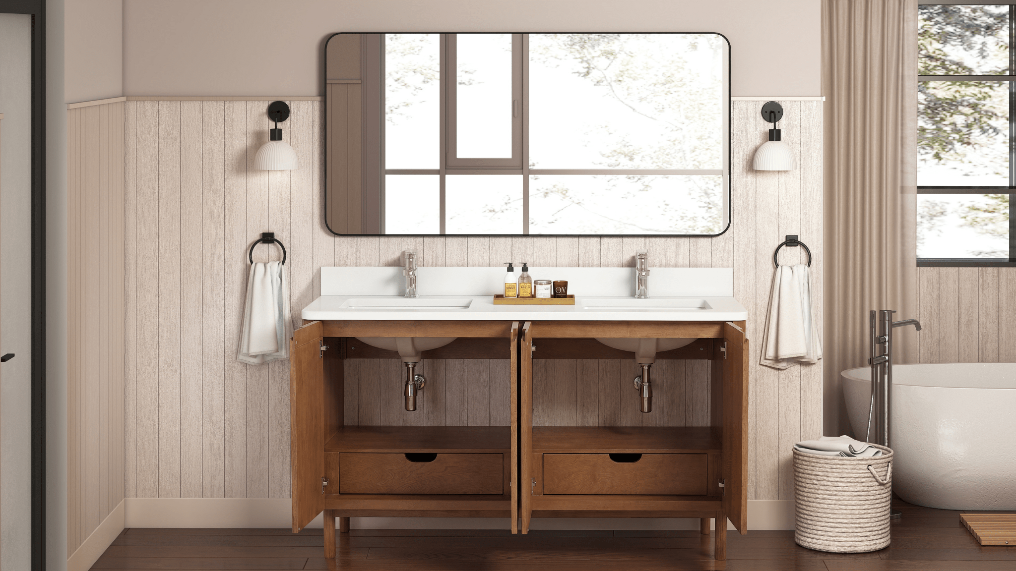 60 Inch Fume Double Sink Mango Warm Oak Brown Finish Bathroom Vanity With White Top