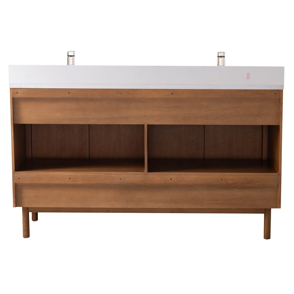 60 Inch Fume Double Sink Mango Warm Oak Brown Finish Bathroom Vanity With White Top