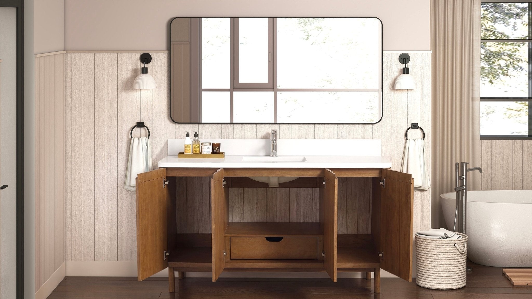60 Inch Fume Double Sink Mango Warm Oak Brown Finish Bathroom Vanity With White Top