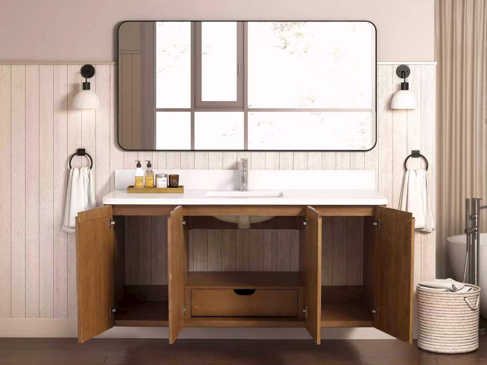 60 Inch Fume Double Sink Mango Warm Oak Brown Finish Wall Mount Floating Style Bathroom Vanity