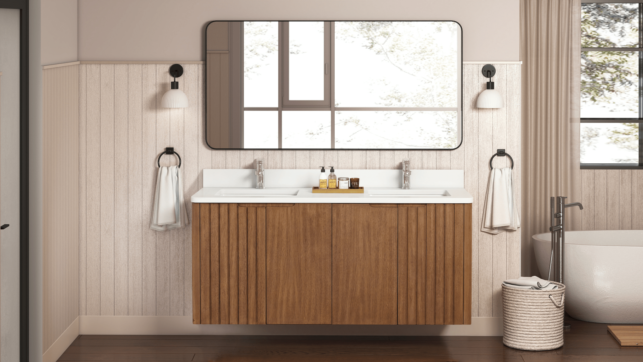 60 Inch Fume Double Sink Mango Warm Oak Brown Finish Wall Mount Floating Style Bathroom Vanity