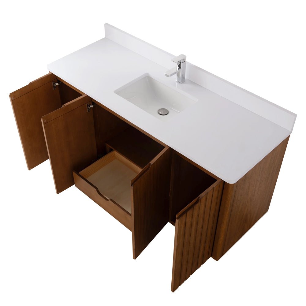60 Inch Fume Single Sink Mango Warm Oak Brown Finish Wall Mount Floating Style Bathroom Vanity