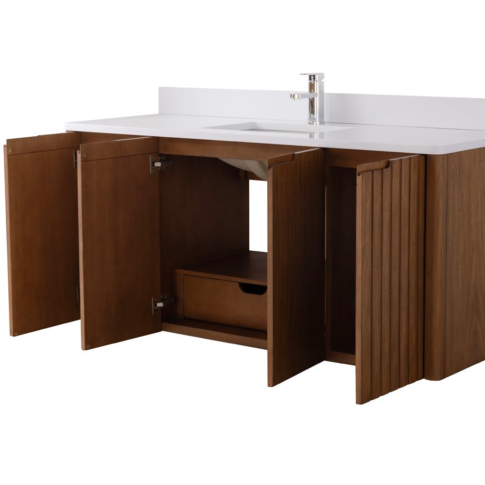 60 Inch Fume Single Sink Mango Warm Oak Brown Finish Wall Mount Floating Style Bathroom Vanity