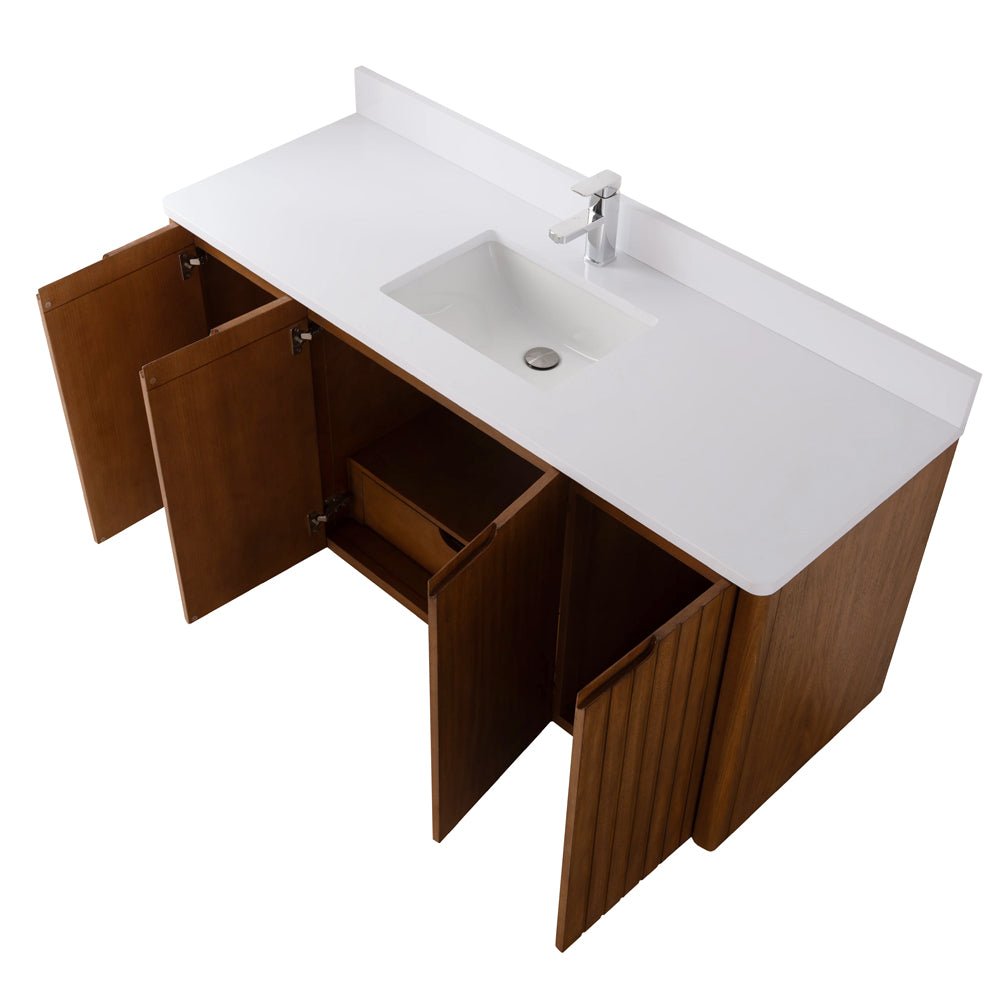 60 Inch Fume Single Sink Mango Warm Oak Brown Finish Wall Mount Floating Style Bathroom Vanity