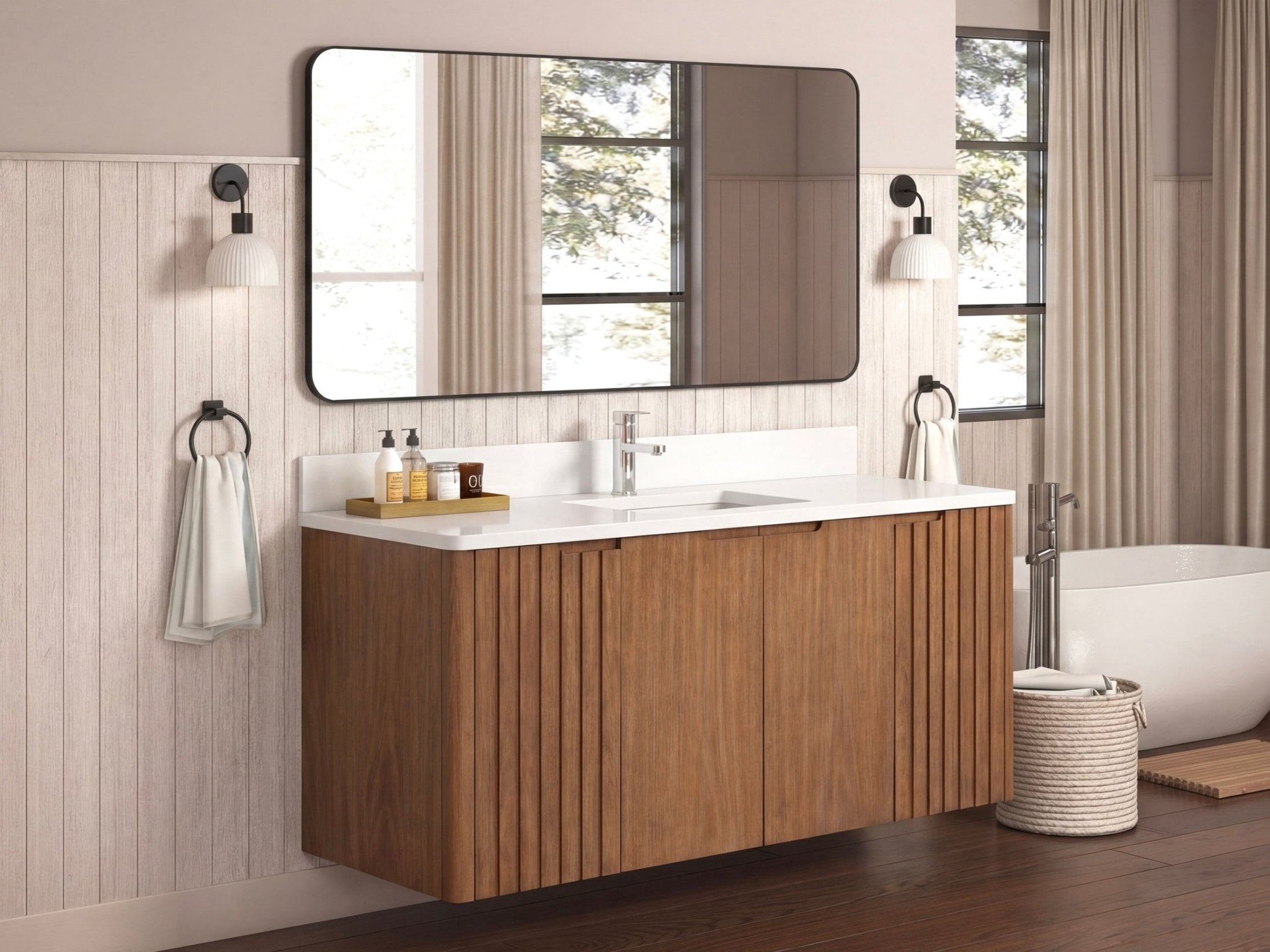 60 Inch Fume Single Sink Mango Warm Oak Brown Finish Wall Mount Floating Style Bathroom Vanity