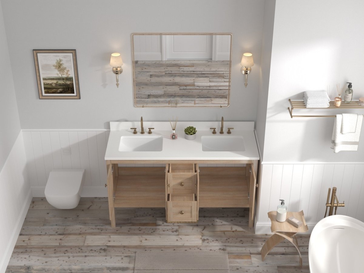 60 Inch Modern Light Oak Sera Double Sink Bathroom Vanity With White Quartz Top - Bentoncollections