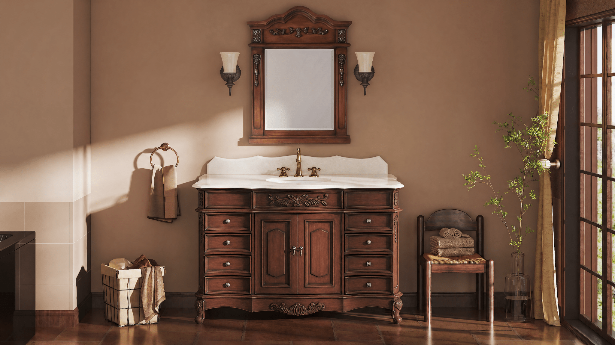60 Inch Traditional Single Sink Bathroom Vanity Antique Brown with White Quartz Top