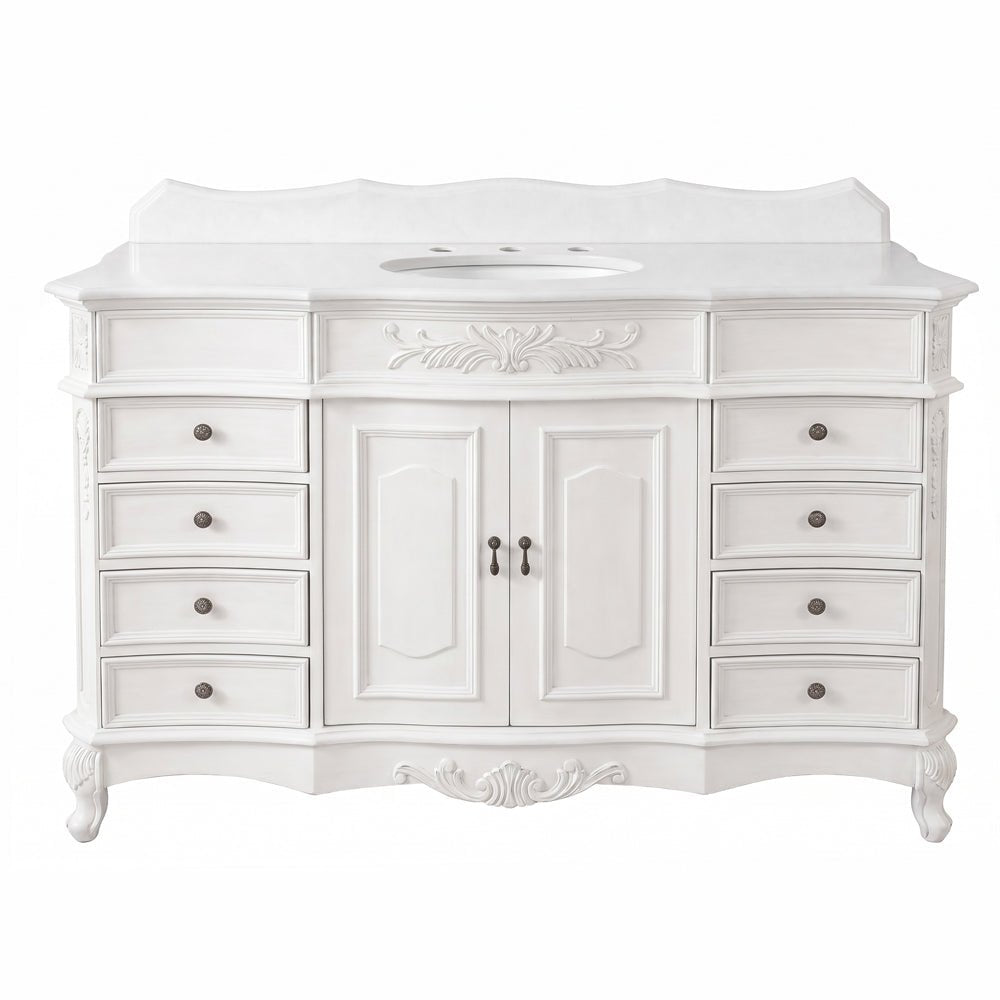 60 Inch Traditional Single Sink Bathroom Vanity Antique White with White Quartz Top
