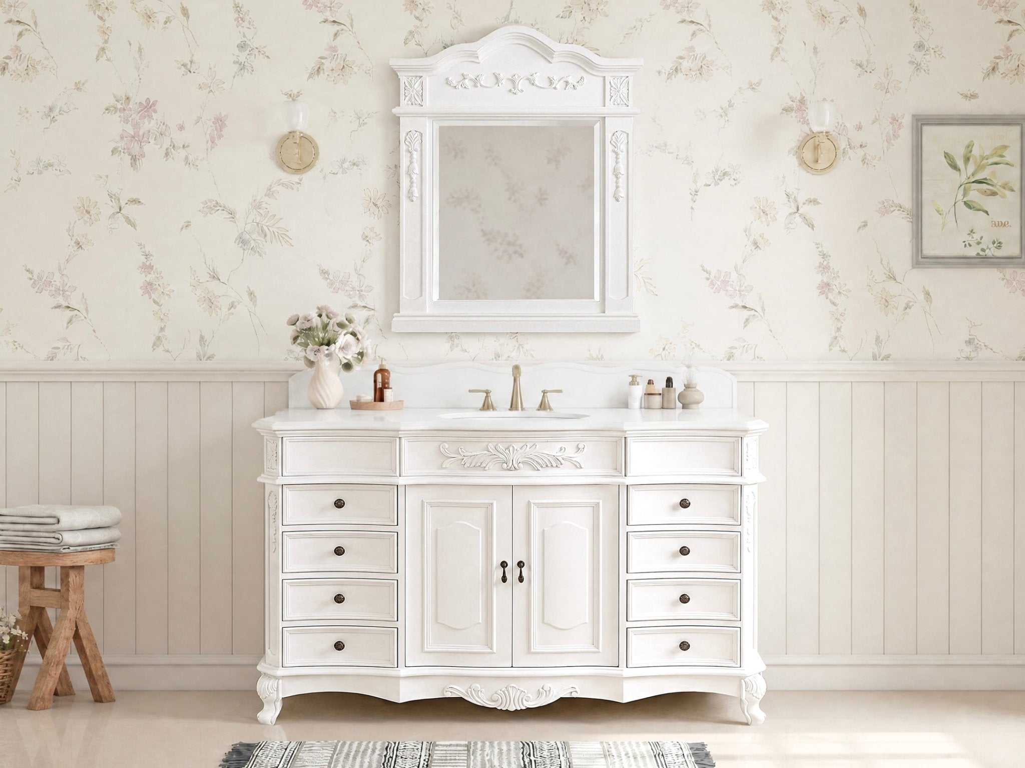 60 Inch Traditional Single Sink Bathroom Vanity Antique White with White Quartz Top