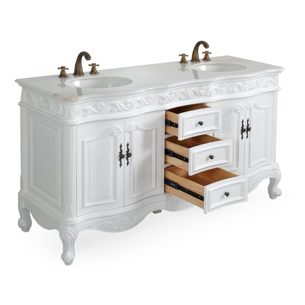 64 Inch Antique White Traditional Style Double Sink White Top Beckham Bathroom Vanity