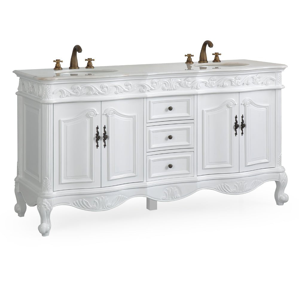 64 Inch Antique White Traditional Style Double Sink White Top Beckham Bathroom Vanity