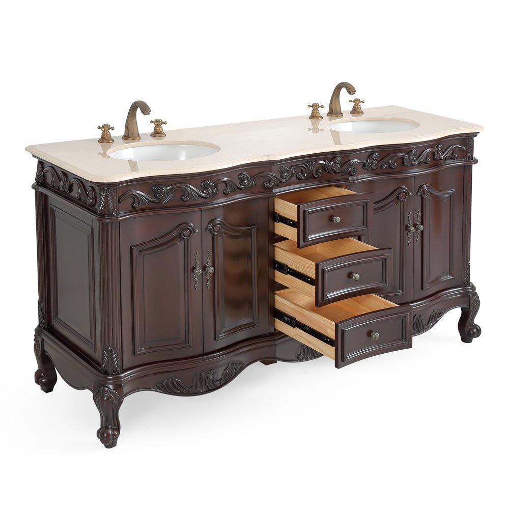 64 Inch Brown Traditional Style Double Sink Cream Marble Top Beckham Bathroom Vanity