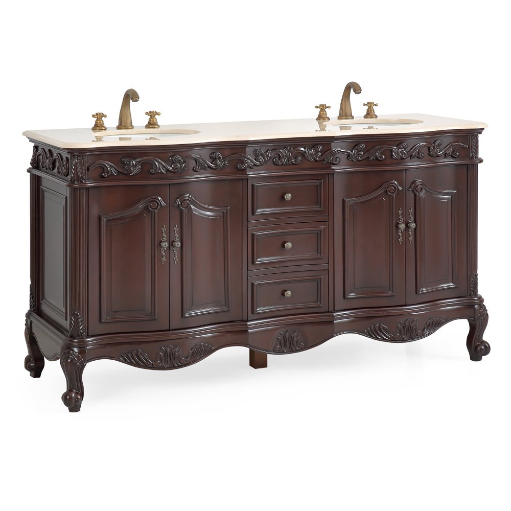 64 Inch Brown Traditional Style Double Sink Cream Marble Top Beckham Bathroom Vanity