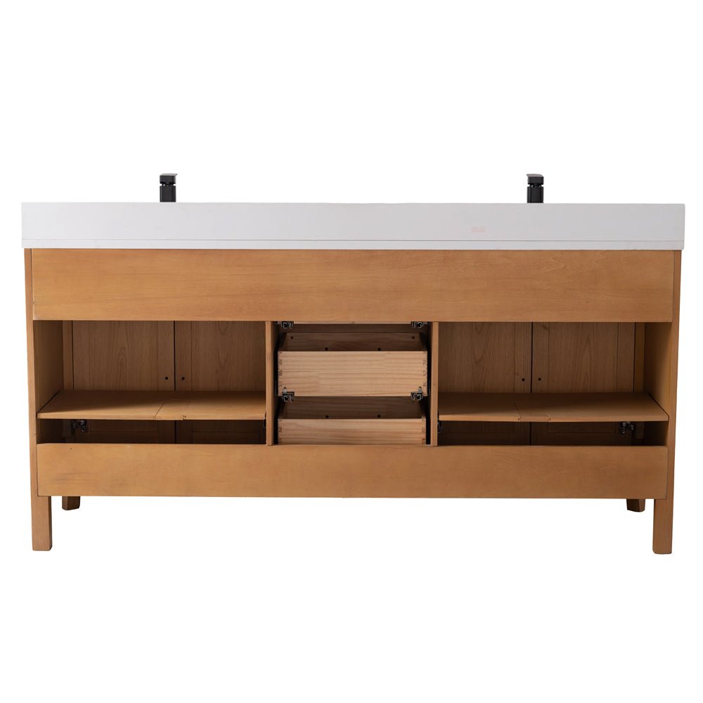 72 Inch Barque Double Sink Warm Oak Brown Finish Bathroom Vanity With White Top
