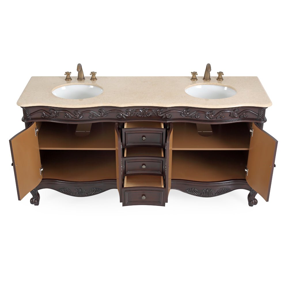72 Inch Brown Antique Traditional Style Double Sink Cream Top Beckham Bathroom Vanity