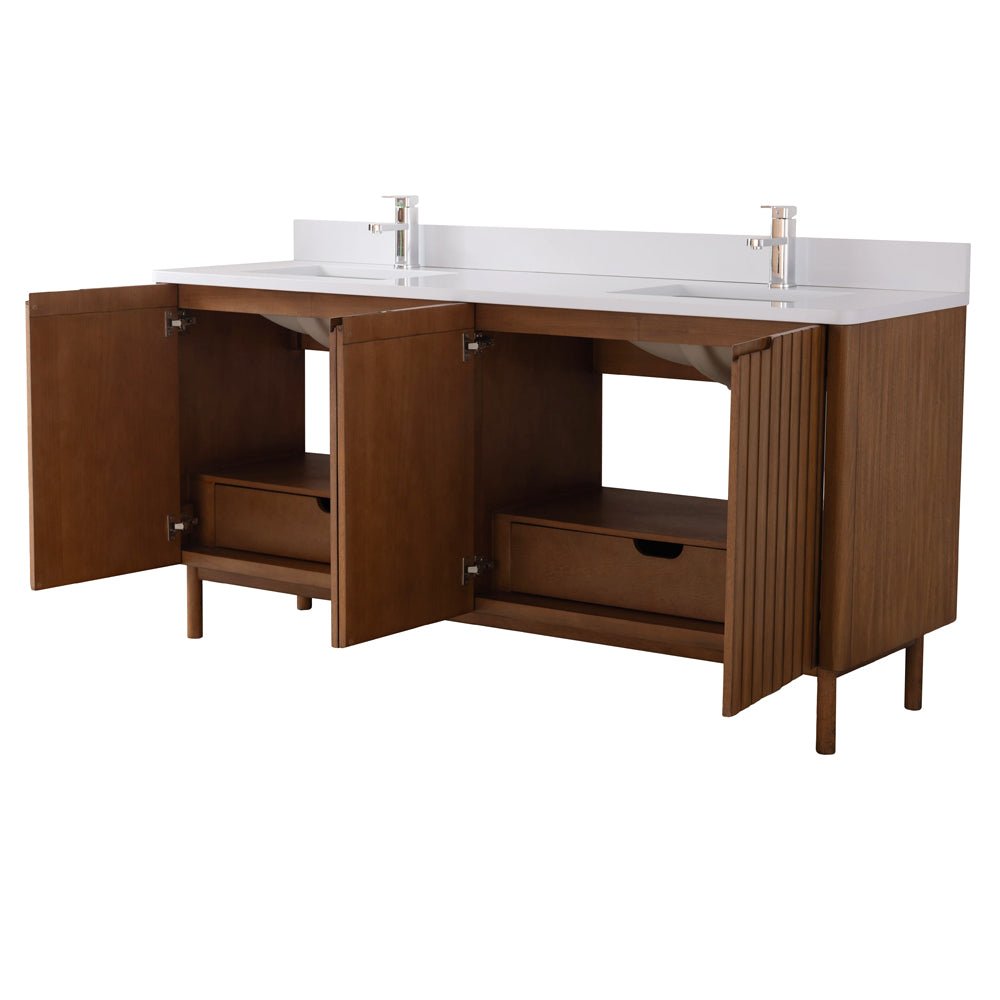 72 Inch Fume Double Sink Mango Warm Oak Brown Finish Bathroom Vanity With White Top