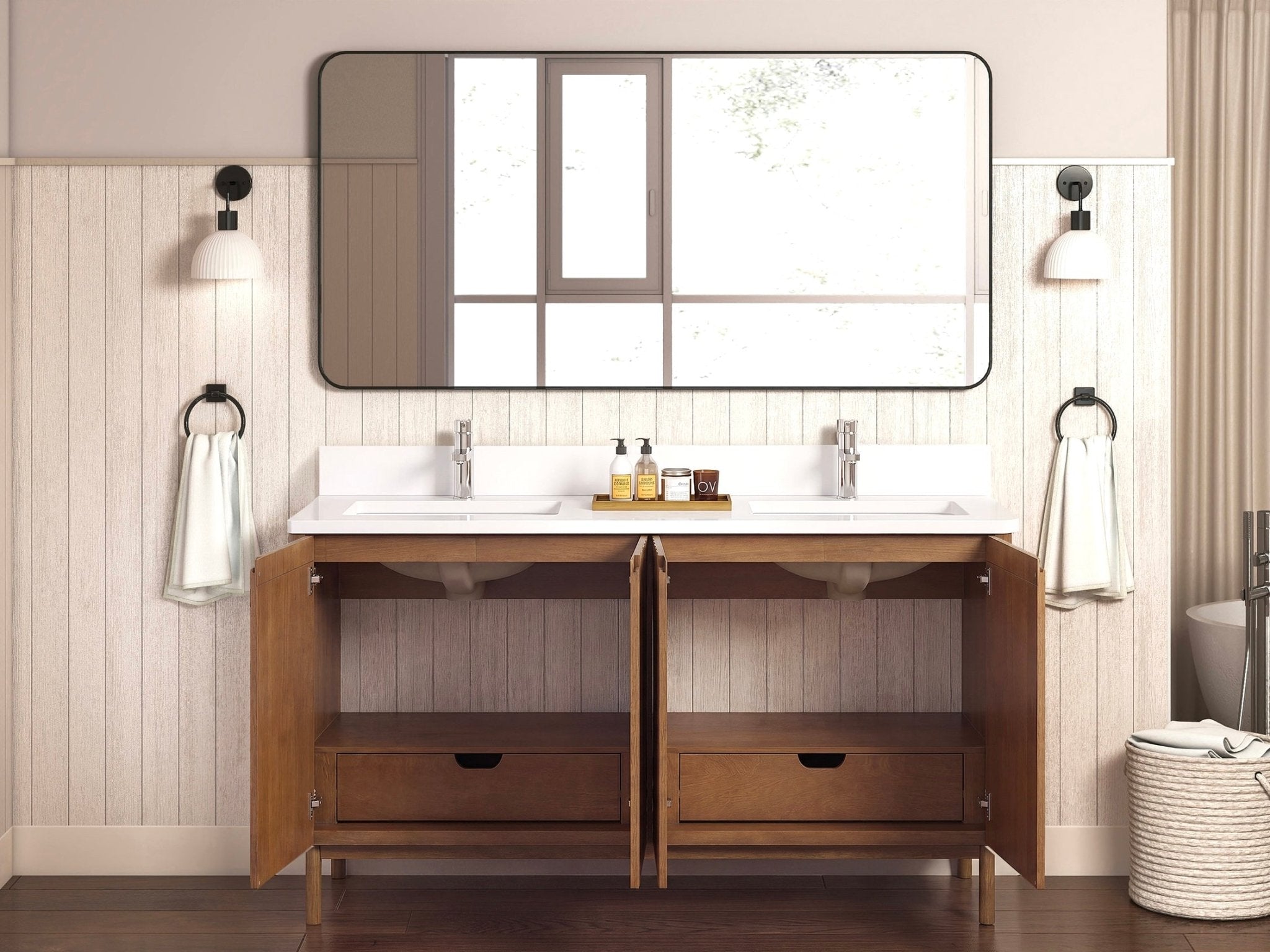 72 Inch Fume Double Sink Mango Warm Oak Brown Finish Bathroom Vanity With White Top