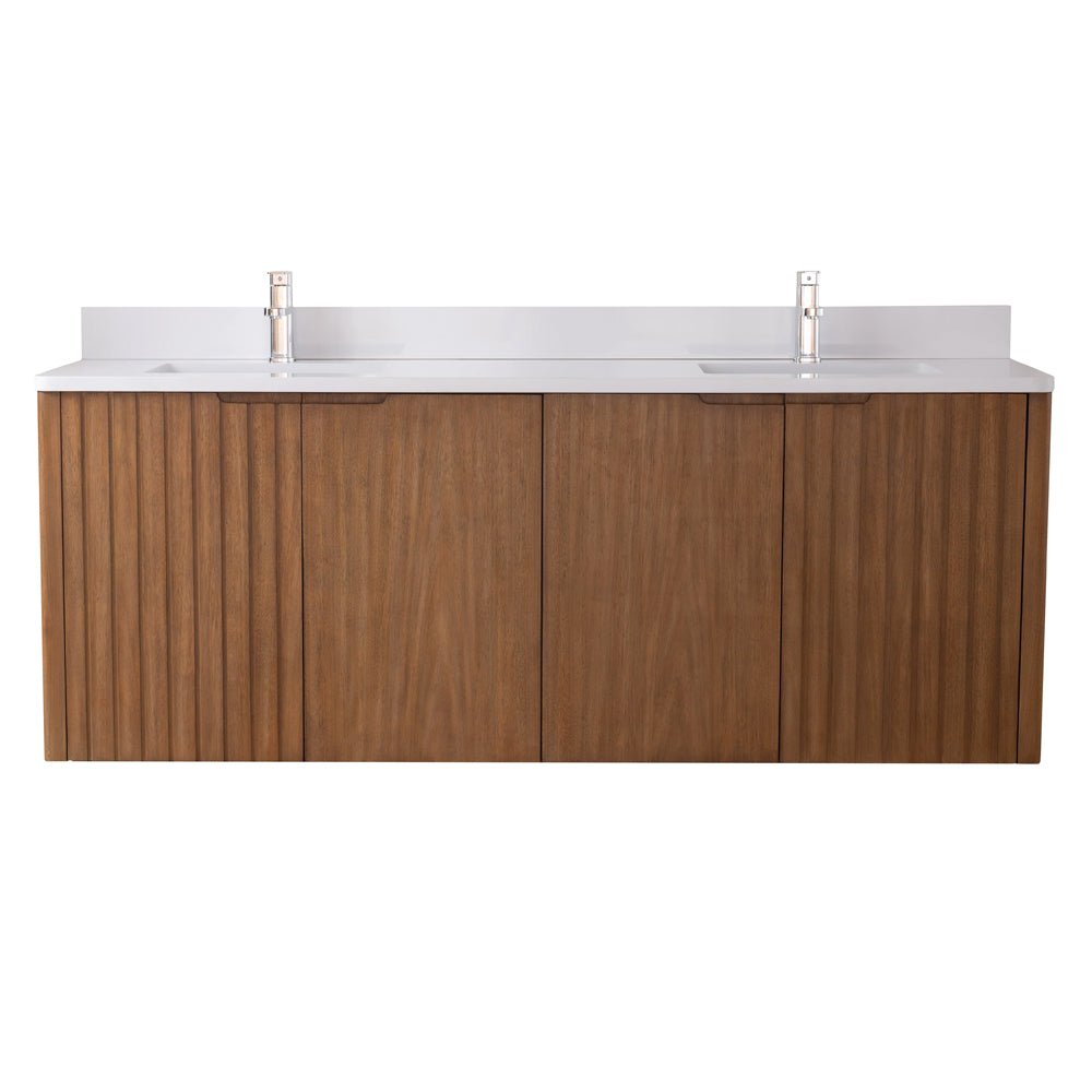 72 Inch Fume Double Sink Mango Warm Oak Brown Finish Wall Mount Floating Style Bathroom Vanity