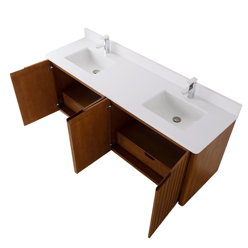 72 Inch Fume Double Sink Mango Warm Oak Brown Finish Wall Mount Floating Style Bathroom Vanity