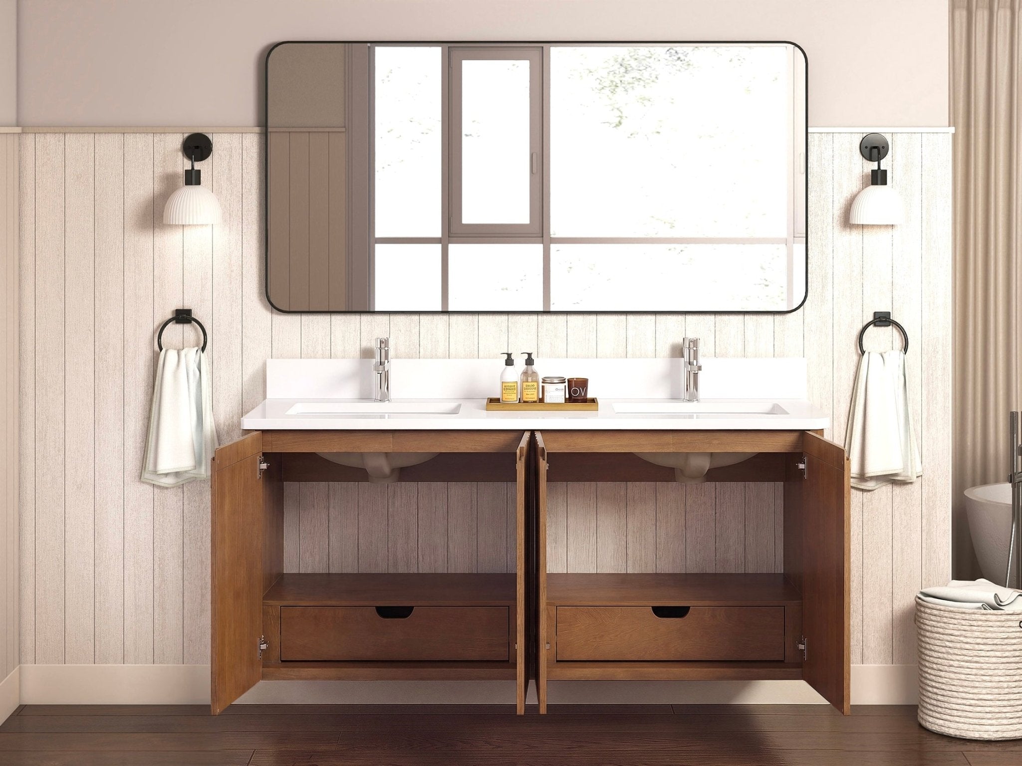 72 Inch Fume Double Sink Mango Warm Oak Brown Finish Wall Mount Floating Style Bathroom Vanity