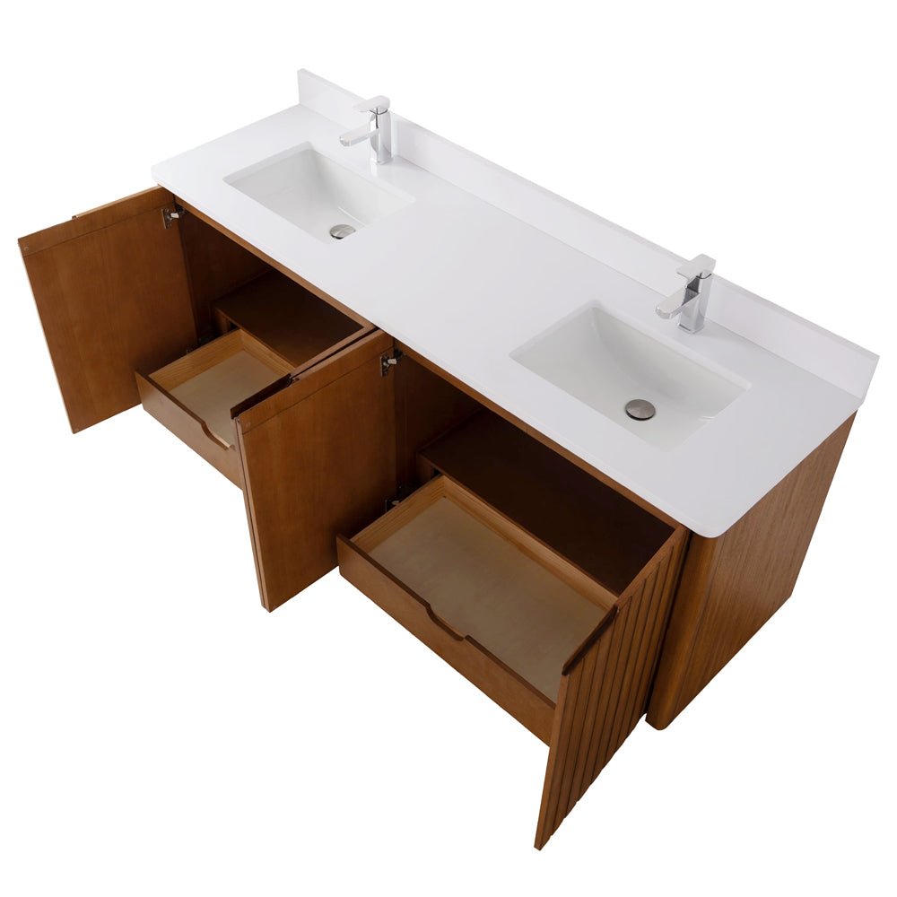72 Inch Fume Double Sink Mango Warm Oak Brown Finish Wall Mount Floating Style Bathroom Vanity