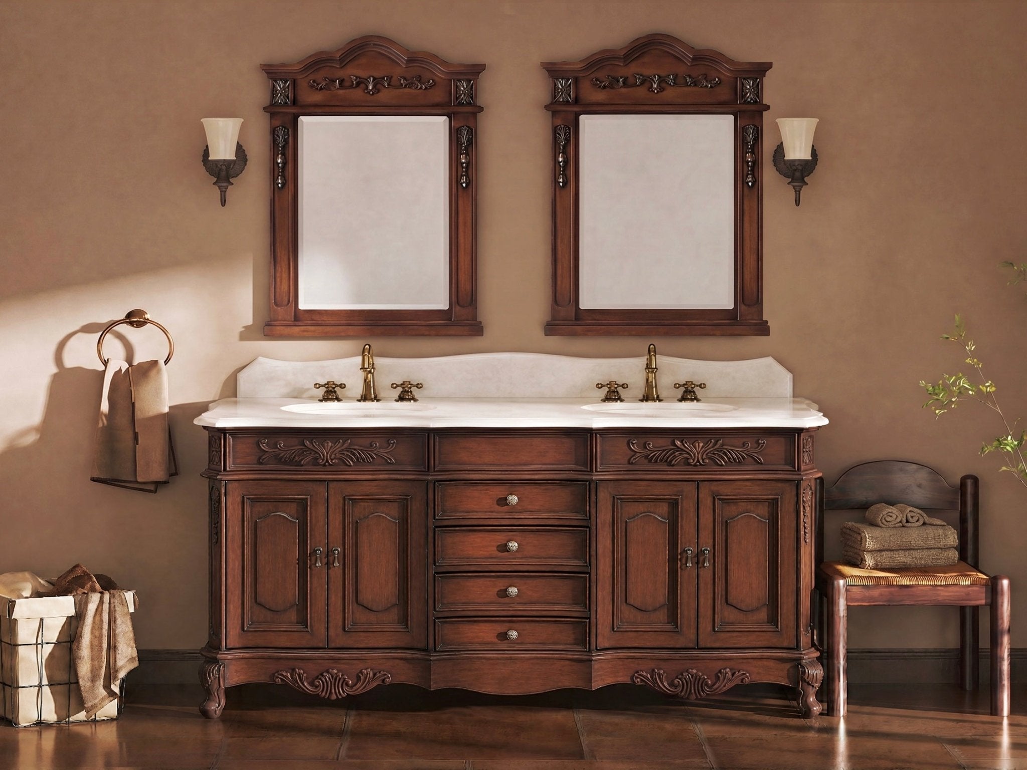 72 Inch Morton Traditional Double Sink Bathroom Vanity Antique Brown with White Quartz Top