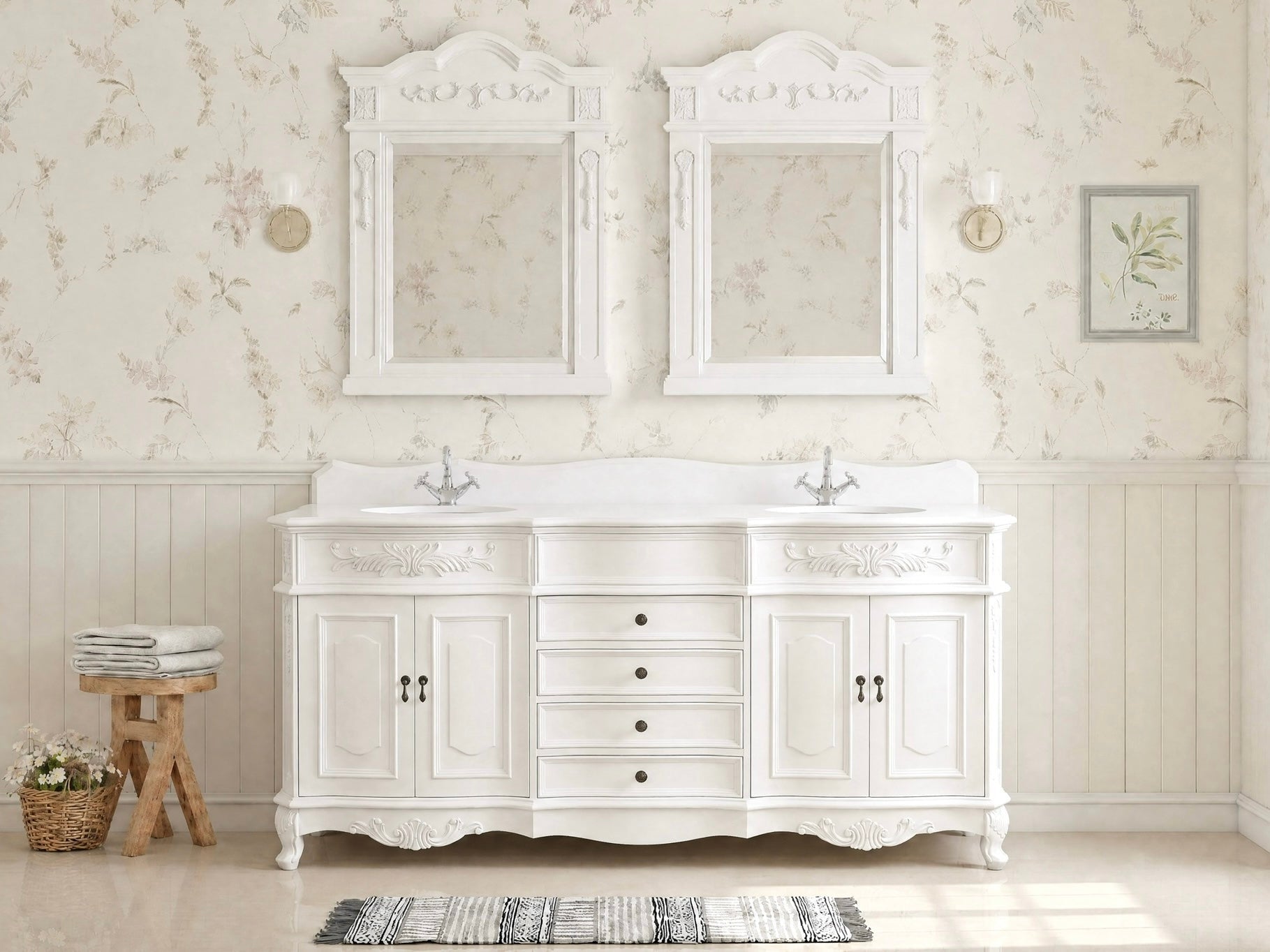 72 Inch Morton Traditional Double Sink Bathroom Vanity Antique White with White Quartz Top