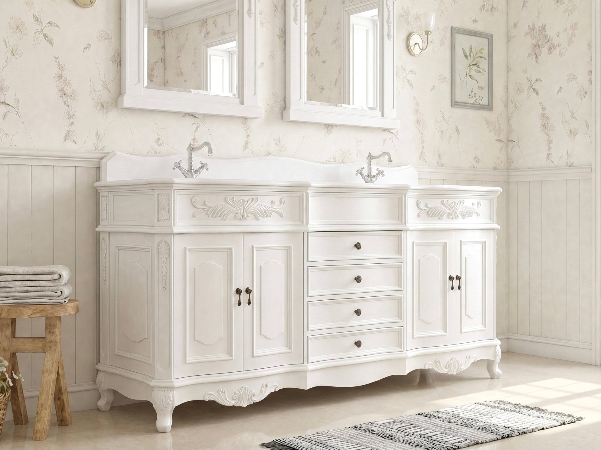 72 Inch Morton Traditional Double Sink Bathroom Vanity Antique White with White Quartz Top