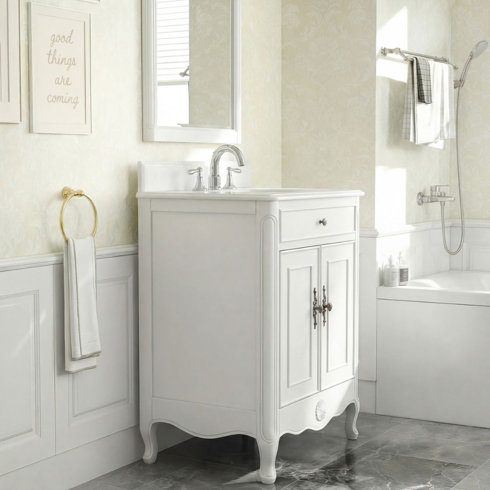 26 Inch Daleville Distressed White Cottage Style Small Bathroom Sink Vanity